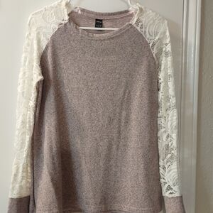 SHEIN Women's Sweatshirt - Heathered Purple with White Lace Sleeves